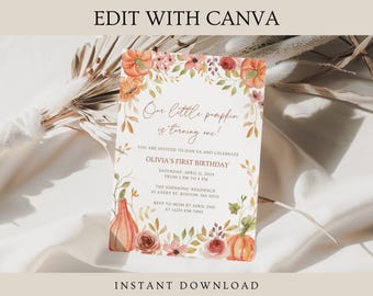 Pumpkin First Birthday Invitation Girl: Editable Template (Digital Download)