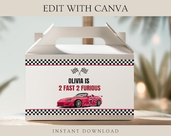 2 Fast 2 Curious Gable Box Label, Two Fast Gable Box Template, Two Fast Party Favor Box Template, Editable Race Car Birthday Gable Box Label