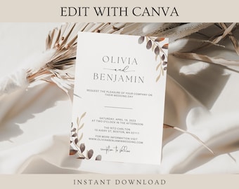 Minimalistische Hochzeitseinladung Vorlage: Modernes Blumendesign (Instant Download)