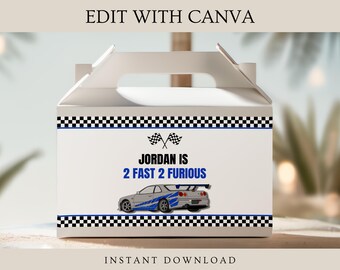 Two Fast Birthday Gable Box Label: Race Car Party Favor (Digital Download, 6.25"x3.5")