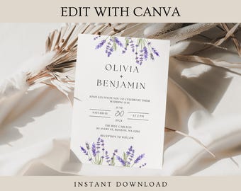 Lavendel Blumen Hochzeitseinladung Vorlage: Modernes bearbeitbares Design (Digitaler Download)
