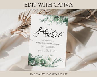 Bearbeitbare Greenery Save the Date-Vorlage (Digitaler Download)