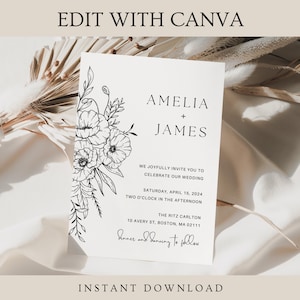Floral Wedding Invitation, Wedding Invitations, Modern Wedding Invitation, Editable Wedding Invite, Wedding Invitation Set, Wedding Template