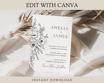 Florale Hochzeitseinladung, Vorlage: Modern Black & White (Digitaler Download)