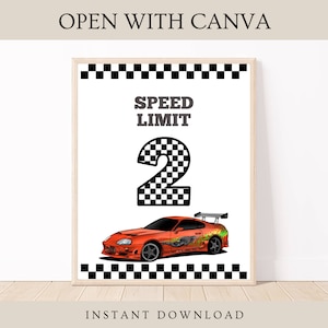 May include: A printable poster with a checkered flag design, the words "Speed Limit", the number "2" with a checkered flag design, and a red sports car with a checkered flag design.