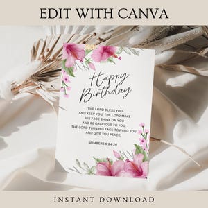 Cartão de aniversário religioso editável, cartões de aniversário com versículos bíblicos para impressão, cartões florais cristãos, cartões católicos em Canva, cartões de fé digitais