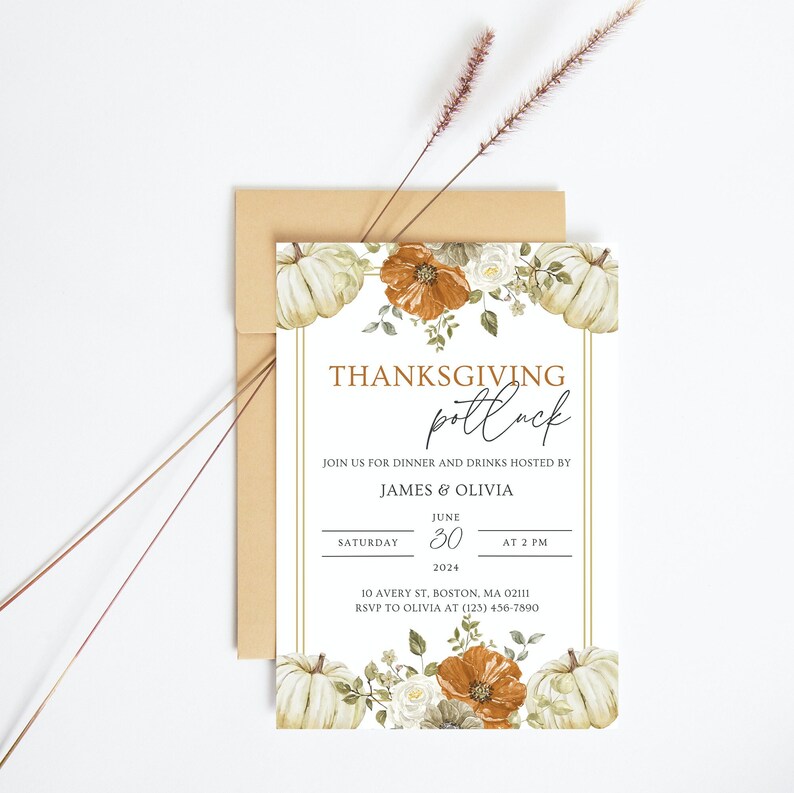 Friendsgiving Invitation Templates, Thanksgiving Dinner Invites, Thanksgiving Potluck Invitation Template, Editable Friendsgiving Invitation image 6