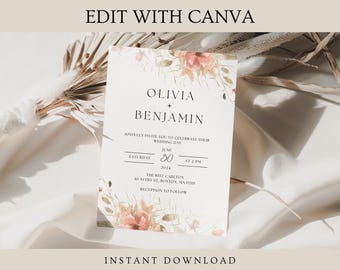 Blumen Hochzeitseinladung Vorlage: Minimalistische Schrift (Instant Download)