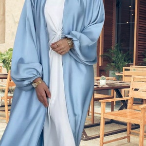 Satin Abaya with Pocket & Belt Puff Sleeves (Cardigan Only)