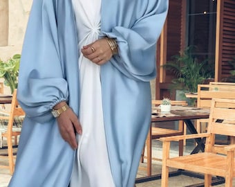 Satin Abaya with Pocket & Belt Puff Sleeves (Cardigan Only)