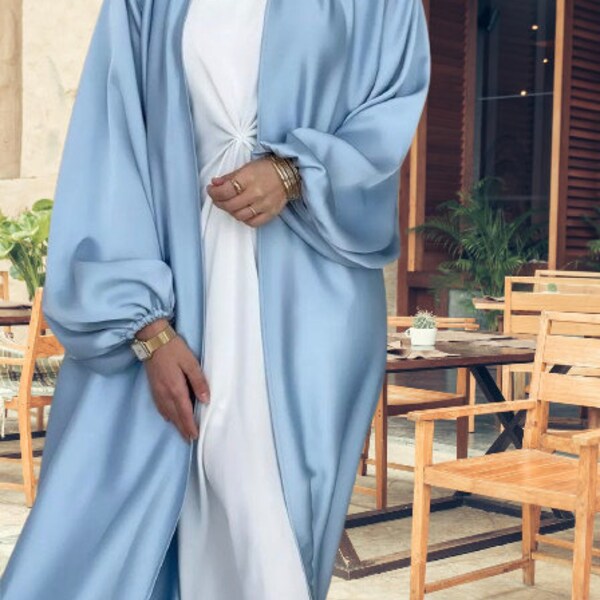 Satin Abaya with Pocket & Belt Puff Sleeves (Cardigan Only)