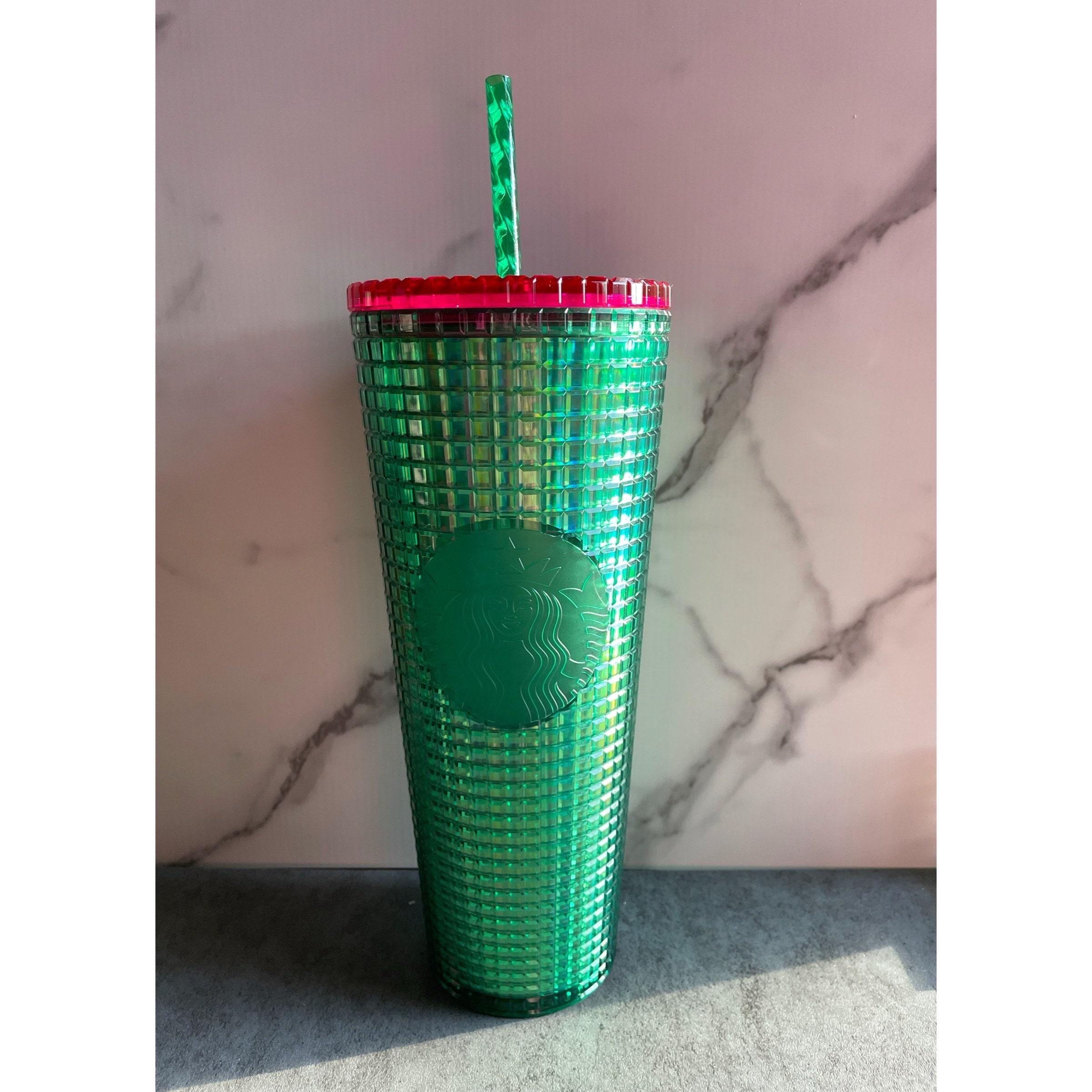 Green Rhinestone Double Wall Acrylic Wine Glass With Lid and Straw