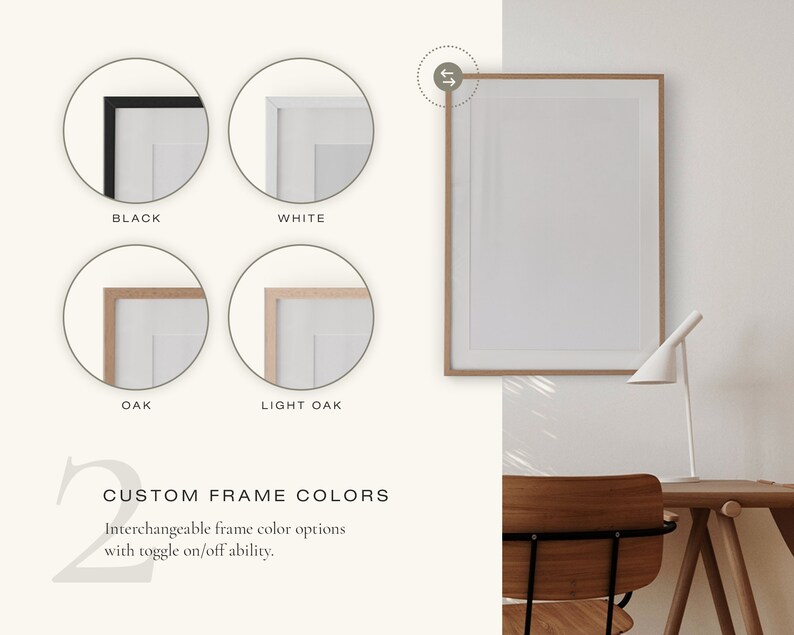 K&ouml;nnte beinhalten: Vier Rahmenfarbenoptionen f&uuml;r einen Bilderrahmen: Schwarz, Wei&szlig;, Eiche und helle Eiche. Der Text "CUSTOM FRAME COLORS" wird unter den Rahmenoptionen angezeigt. Der Text "Interchangeable frame color options with toggle on/off ability." wird unter dem Text "CUSTOM FRAME COLORS" angezeigt.
