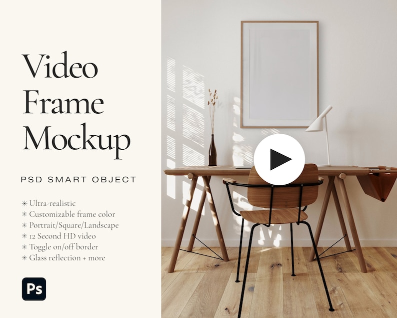 K&ouml;nnte beinhalten: Ein Video-Rahmen-Mockup mit einem Holztisch, einem Stuhl und einer Lampe. Der Rahmen ist leer und bereit f&uuml;r Ihren Videoinhalt. Der Text "Video Frame Mockup" wird &uuml;ber dem Rahmen angezeigt.