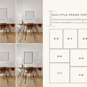K&ouml;nnte beinhalten: Ein Mockup, das verschiedene Rahmengr&ouml;&szlig;en und -verh&auml;ltnisse f&uuml;r Kunstwerke zeigt. Die Rahmen sind an einer wei&szlig;en Wand &uuml;ber einem Holztisch mit einem Stuhl zu sehen. Die Rahmenverh&auml;ltnisse sind 2:3, 5:7, 3:4, 3:2, 4:3, 1:1 und 7:5.