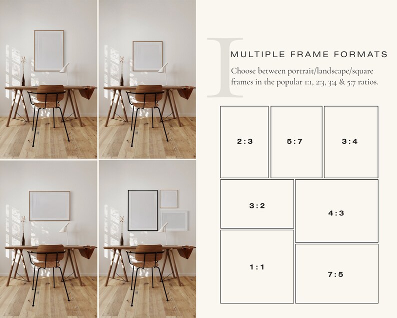 K&ouml;nnte beinhalten: Ein Mockup, das verschiedene Rahmengr&ouml;&szlig;en und -verh&auml;ltnisse f&uuml;r Kunstwerke zeigt. Die Rahmen sind an einer wei&szlig;en Wand &uuml;ber einem Holztisch mit einem Stuhl zu sehen. Die Rahmenverh&auml;ltnisse sind 2:3, 5:7, 3:4, 3:2, 4:3, 1:1 und 7:5.