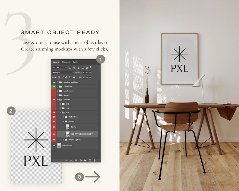 K&ouml;nnte beinhalten: Ein Mockup eines gerahmten Drucks mit einem schwarzen Sternburst-Design und dem Text "PXL" auf wei&szlig;em Hintergrund. Der Rahmen ist in hellem Holz gehalten und h&auml;ngt an einer wei&szlig;en Wand. Der Druck befindet sich in einem modernen Homeoffice mit einem Holzschreibtisch, einem Stuhl und einer Lampe.