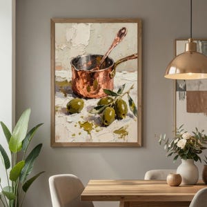 Kitchen Wall Art Olive and Copper Pot Poster, Still Life Artwork, Rustic Farmhouse Kitchen Decor, Mediterranean Print, Digital Download