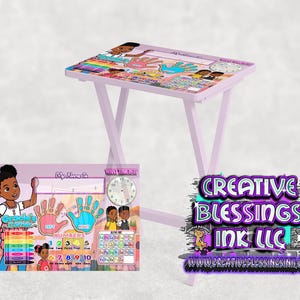 May include: A light purple folding table with a colorful educational design on the tabletop. The design includes handprints, numbers, and a clock. A matching educational poster is in front of the table. The Creative Blessings Ink LLC logo is visible.