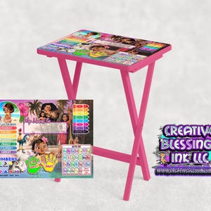 May include: A pink folding table with a colorful design featuring characters from the animated film Moana. The table top has a colorful design with characters from the animated film Moana. The table is made of wood and has a pink finish. The table is folded and is ready to be used. The table is perfect for children to use for arts and crafts, playing games, or eating snacks.