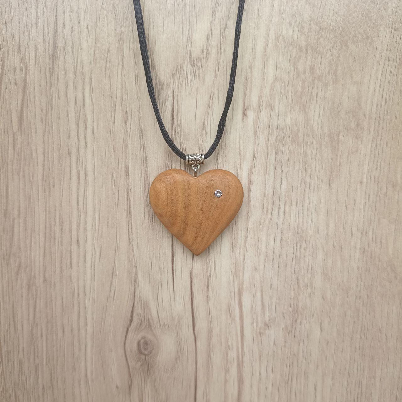 Cherry wood heart pendant with a Swarowski chrystal