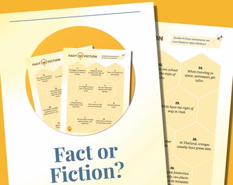 Könnte beinhalten: Ein druckbares Spiel mit einem Wabenmuster und dem Text "Fact or Fiction?"  Das Spiel fordert die Spieler auf, zu entscheiden, ob Aussagen wahr oder falsch sind.  Das Spiel ist so konzipiert, dass es Spaß macht und lehrreich ist.