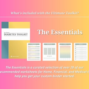 Pode incluir: Um livro amarelo e verde intitulado "The Ultimate Diabetes Toolkit" com um fundo branco. The Essentials &eacute; uma sele&ccedil;&atilde;o curada de mais de 20 de nossas planilhas recomendadas para casa, finan&ccedil;as e medicina para ajud&aacute;-lo a come&ccedil;ar seu fich&aacute;rio personalizado.