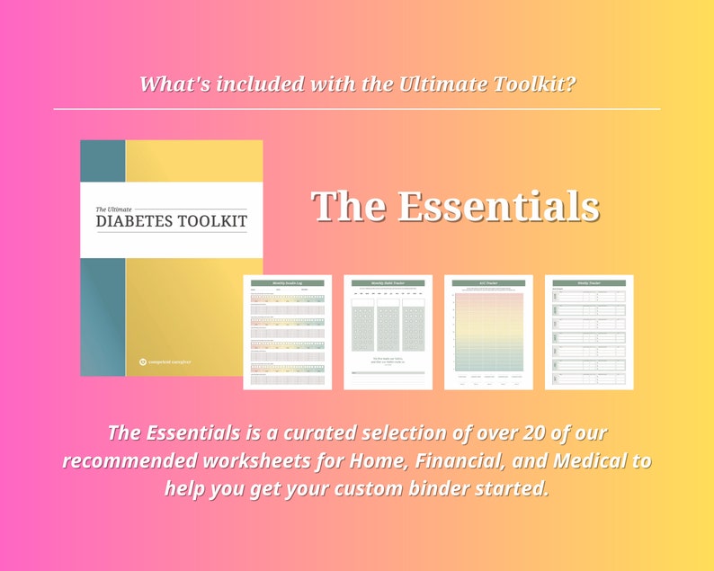 Pode incluir: Um livro amarelo e verde intitulado "The Ultimate Diabetes Toolkit" com um fundo branco. The Essentials &eacute; uma sele&ccedil;&atilde;o curada de mais de 20 de nossas planilhas recomendadas para casa, finan&ccedil;as e medicina para ajud&aacute;-lo a come&ccedil;ar seu fich&aacute;rio personalizado.