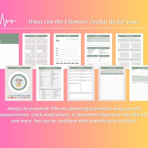 Pode incluir: Um conjunto de p&aacute;ginas de planejamento m&eacute;dico imprim&iacute;veis com um esquema de cores verde e branco. As p&aacute;ginas incluem se&ccedil;&otilde;es para informa&ccedil;&otilde;es m&eacute;dicas, rastreamento de medicamentos, agendamento de consultas e muito mais. O texto "What can the Ultimate Toolkit do for you?" est&aacute; no topo da imagem. O texto "Always be prepared. Plan an upcoming procedure, keep up with appointments, track medications, or document important labs like A1C and more. You can be confident with everything in its place." est&aacute; na parte inferior da imagem.