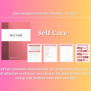 Pode incluir: Um kit de autocuidado rosa e vermelho com o t&iacute;tulo "Self Care" na capa. O kit inclui recursos para ajudar com a autorreflex&atilde;o e manter-se positivo.