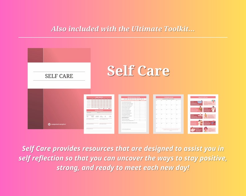 Pode incluir: Um kit de autocuidado rosa e vermelho com o t&iacute;tulo "Self Care" na capa. O kit inclui recursos para ajudar com a autorreflex&atilde;o e manter-se positivo.