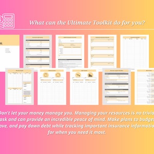 Pode incluir: Uma imagem colorida com o texto "O que o Ultimate Toolkit pode fazer por voc&ecirc;?" e um &iacute;cone de calculadora. A imagem mostra v&aacute;rias folhas de trabalho imprim&iacute;veis para or&ccedil;amento, poupan&ccedil;a e gest&atilde;o financeira.