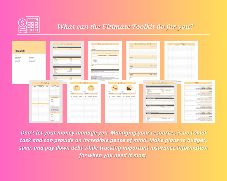 Pode incluir: Uma imagem colorida com o texto "O que o Ultimate Toolkit pode fazer por voc&ecirc;?" e um &iacute;cone de calculadora. A imagem mostra v&aacute;rias folhas de trabalho imprim&iacute;veis para or&ccedil;amento, poupan&ccedil;a e gest&atilde;o financeira.