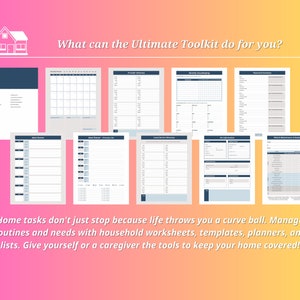 Pode incluir: Uma cole&ccedil;&atilde;o de planilhas, modelos e planejadores imprim&iacute;veis para gerenciar tarefas dom&eacute;sticas. A imagem mostra uma variedade de formul&aacute;rios, incluindo um calend&aacute;rio mensal, um diret&oacute;rio de servi&ccedil;os e um invent&aacute;rio de senhas. O texto "What can the Ultimate Toolkit do for you?" est&aacute; no topo da imagem. O texto "Home tasks don't just stop because life throws you a curve ball. Manage routines and needs with household worksheets, templates, planners, and lists. Give yourself or a caregiver the tools to keep your home covered!" est&aacute; na parte inferior da imagem.