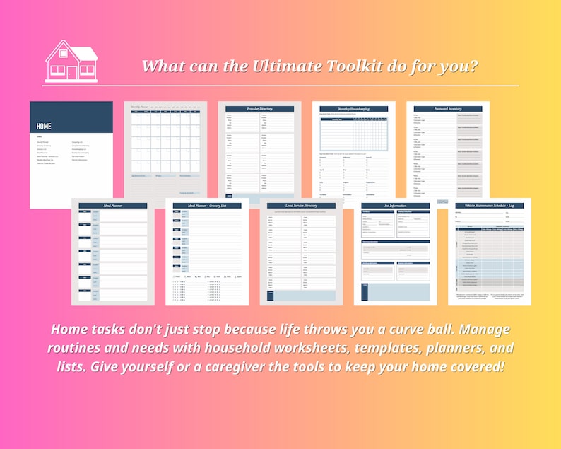 Pode incluir: Uma cole&ccedil;&atilde;o de planilhas, modelos e planejadores imprim&iacute;veis para gerenciar tarefas dom&eacute;sticas. A imagem mostra uma variedade de formul&aacute;rios, incluindo um calend&aacute;rio mensal, um diret&oacute;rio de servi&ccedil;os e um invent&aacute;rio de senhas. O texto "What can the Ultimate Toolkit do for you?" est&aacute; no topo da imagem. O texto "Home tasks don't just stop because life throws you a curve ball. Manage routines and needs with household worksheets, templates, planners, and lists. Give yourself or a caregiver the tools to keep your home covered!" est&aacute; na parte inferior da imagem.