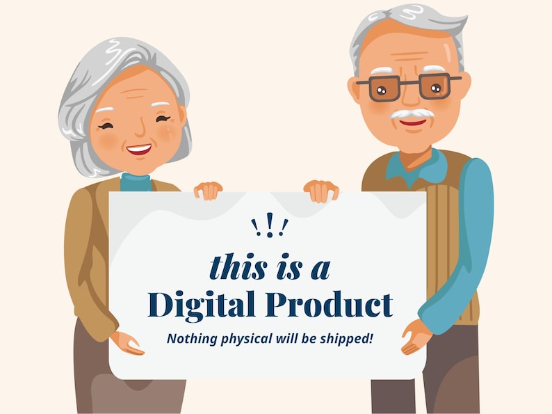 May include: Two older adults hold up a white sign with blue text that reads "!!! this is a Digital Product Nothing physical will be shipped!"