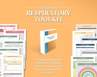 May include: The Ultimate Respiratory Toolkit, a collection of worksheets, templates, and tools to help with conditions like asthma and COPD. The toolkit is organized in a binder with a blue and gold cover. The cover has the text "The Ultimate Respiratory Toolkit" in white.
