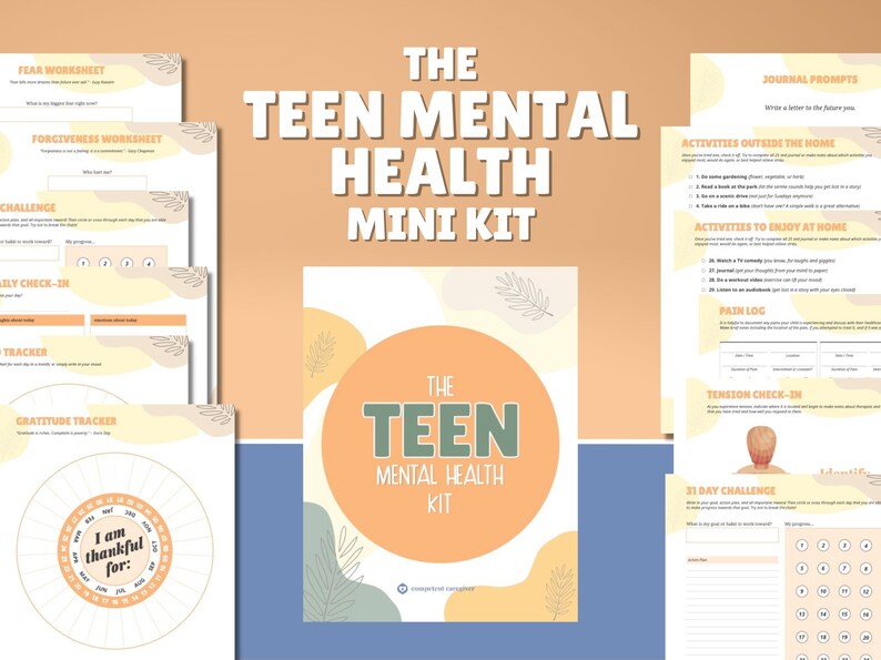 May include: A printable mental health kit for teens with a peach, yellow, and green color scheme. The kit includes worksheets, trackers, and activities to help teens manage their mental health. The title of the kit is "The Teen Mental Health Kit".