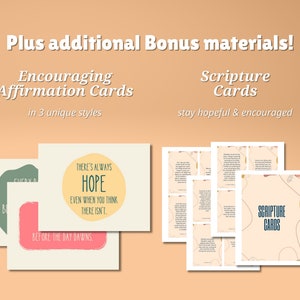 May include: A set of printable encouraging affirmation cards and scripture cards. The affirmation cards feature a light yellow background with green and pink circles and text that reads "There's always hope, even when you think there isn't. Before the day dawns." The scripture cards feature a light pink background with gold and brown abstract shapes and the text "Scripture Cards".
