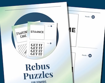 May include: A black and white image of a book with the title "Rebus Puzzles for Seniors". The book features a variety of rebus puzzles, including one that says "Get it, get it, get it, get it" and another that says "Cake in apple".