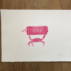 Pink Lino cut crab, print relief limited edition art prints