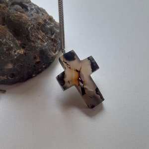 Hand Carved Agate Stone Christian Cross Necklace