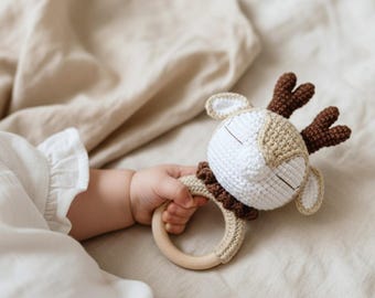 Crochet deer baby rattle, handmade newborn baby shower gift, woodland nursery decor