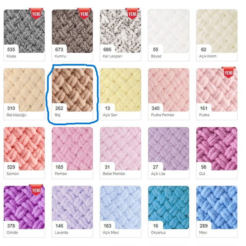 May include: A color chart of yarn samples in various shades of pink, beige, blue, and white. The yarn is a soft, fluffy texture and is arranged in a grid pattern. Each sample has a number and a name in Turkish.