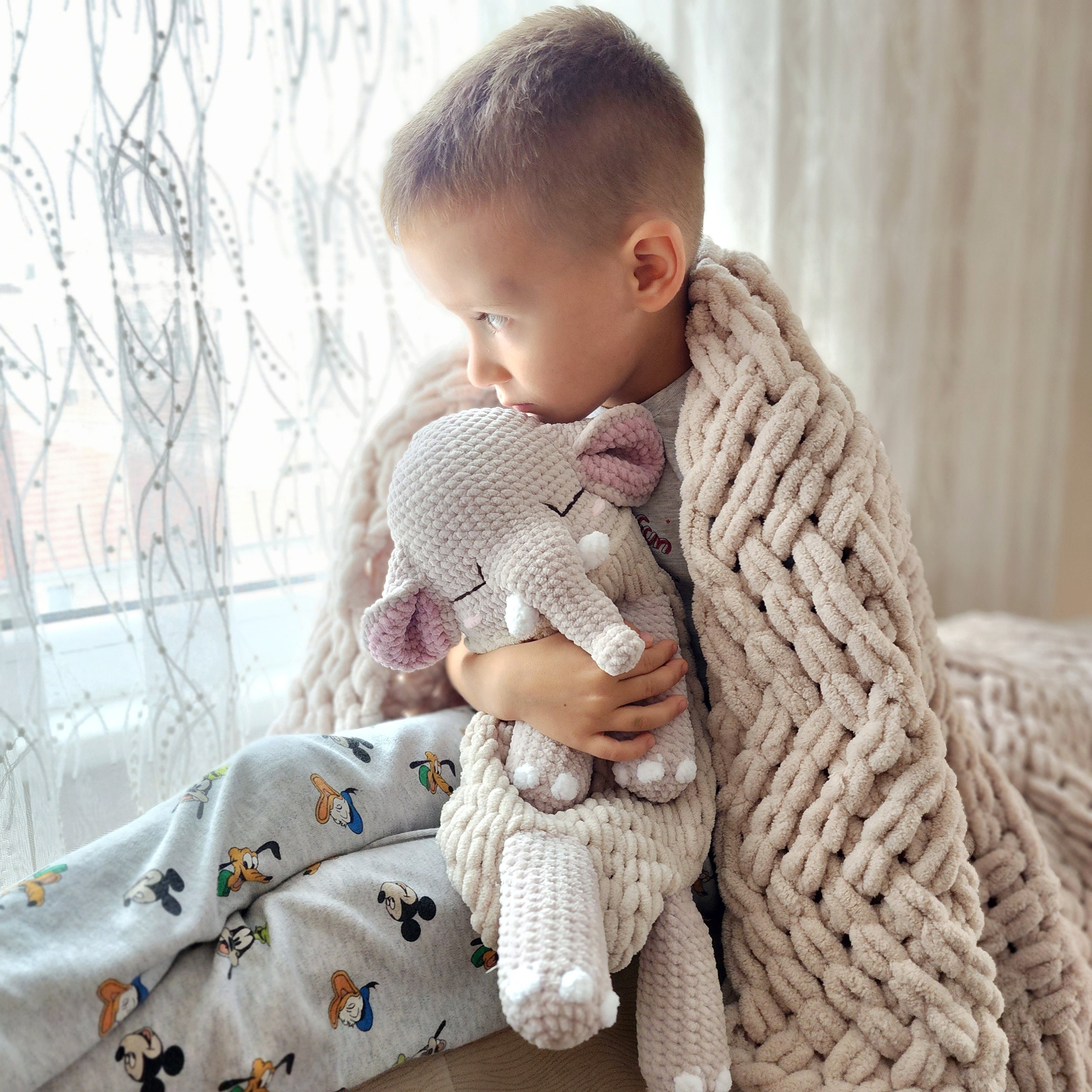 STUFFED ELEPHANT snuggler, plush elephant lovey, safari nursery decor, baby cuddle blanket, elephant lovey