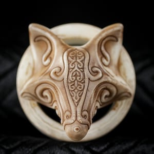 Puede incluir: Una detallada talla de cabeza de zorro de color crema con intrincados patrones y un marco circular. La cara del zorro está centrada, con detalles de pelaje y rasgos faciales. El fondo es negro.