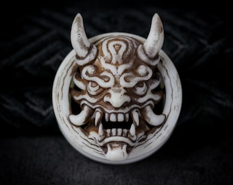 Tappo per le orecchie Hannya Oni: resina ossea, ottone, rame o argento sterling