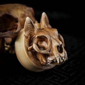 May include: A detailed, carved cat skull sculpture in shades of tan and brown. The skull is intricately carved with visible teeth and ear details, set against a dark background. The sculpture has a unique, artistic appearance.