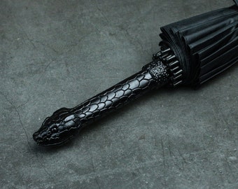 Rattlesnake Umbrella Handle Black Straight Umbrella, Viper Gothic Detective Umbrella, Customized Unique Snake Head Umbrella Gift