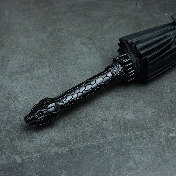 Rattlesnake Umbrella Handle Black Straight Umbrella, Viper Gothic Detective Umbrella, Customized Unique Snake Head Umbrella Gift